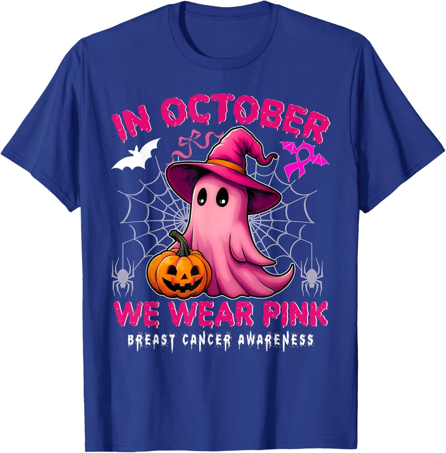 In October We Wear Pink Breast Cancer Awareness Halloween T-Shirt - T-Shirt | Royal
