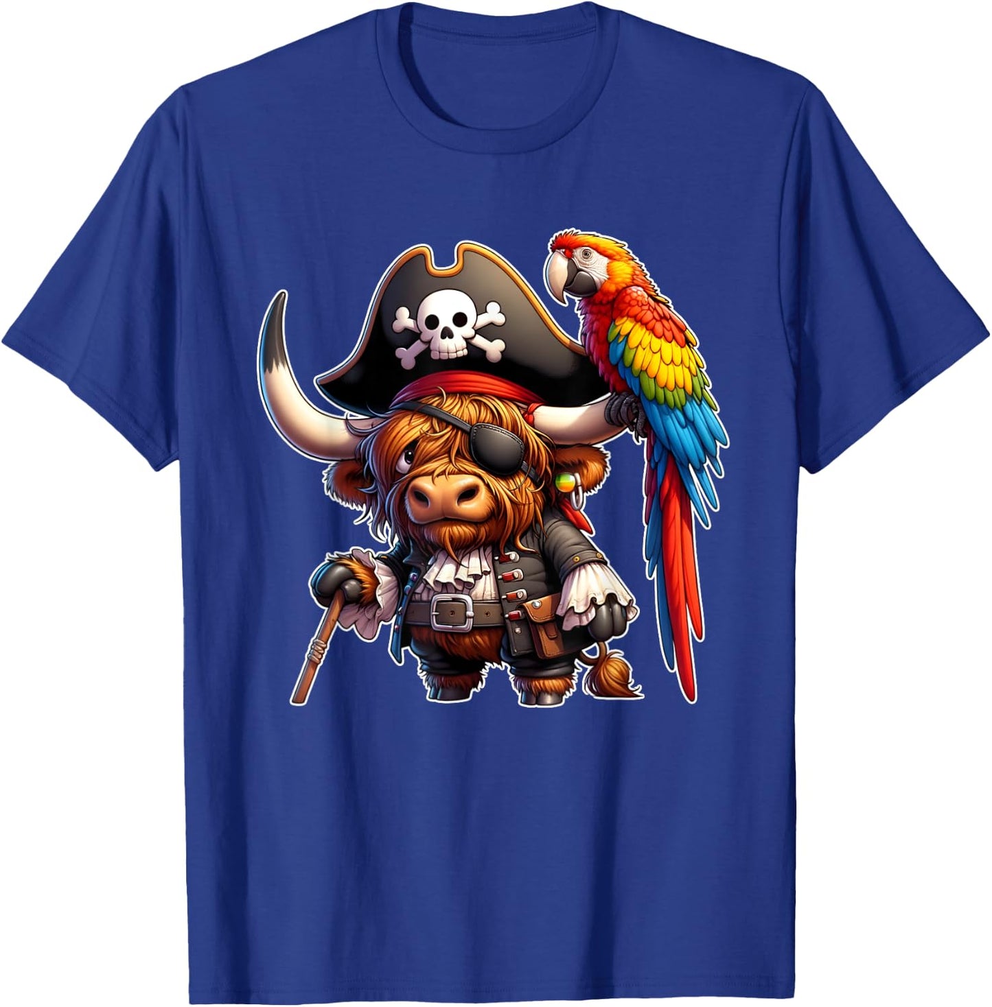 Pirate Highland Cow with Colorful Parrot T-Shirt - T-Shirt | Royal