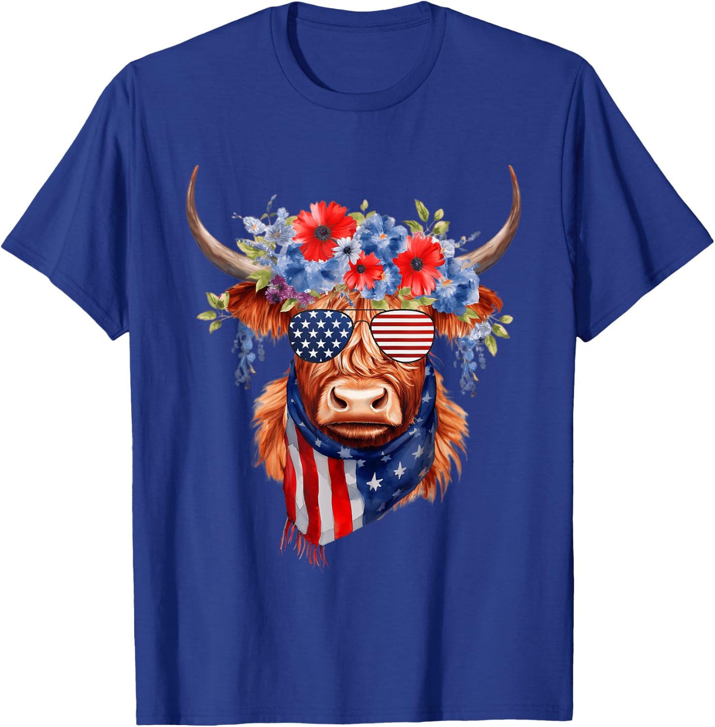 4th Of July Highland Cow Heifer American Sunglasses Bandana T-Shirt - T-Shirt | Royal