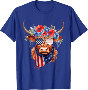 4th Of July Highland Cow Heifer American Sunglasses Bandana T-Shirt - T-Shirt | Royal