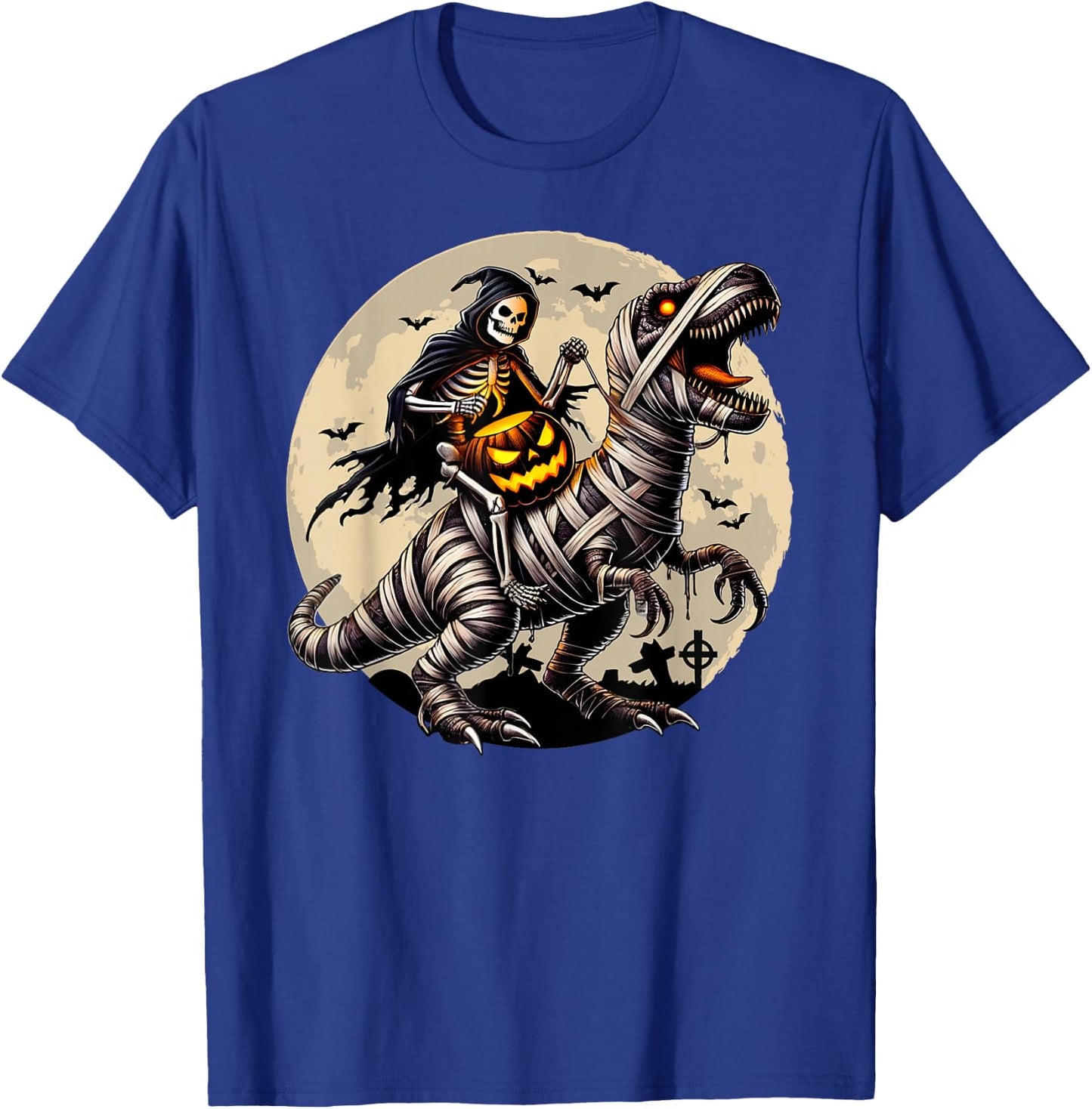 Skeleton Riding Mummy Dinosaur T Rex Pumpkin Funny Halloween T-Shirt - T-Shirt | Royal