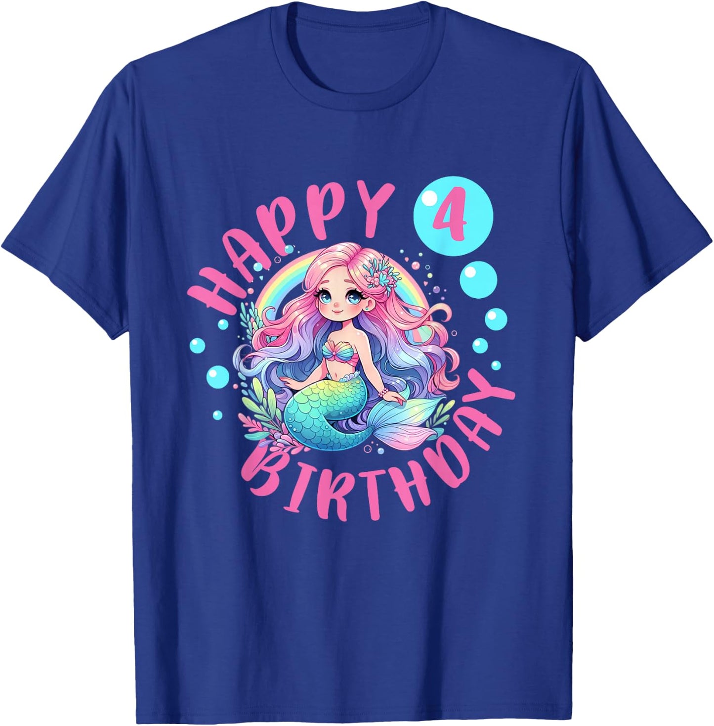 Happy Mermaid 4th Birthday Girl 4 Year Old Bday Mermaid T-Shirt - T-Shirt | Royal
