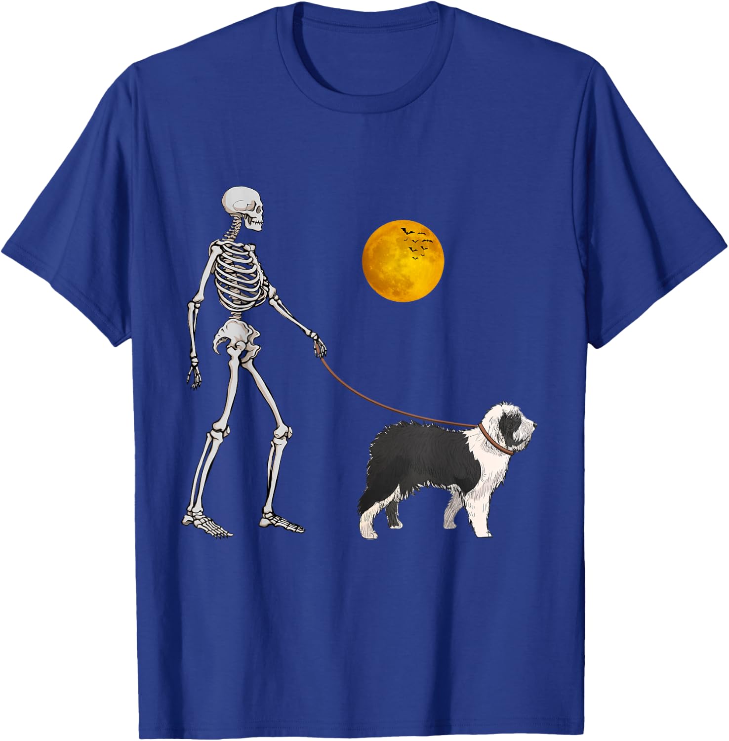 Old English Sheepdog Skeleton Dog Walking Halloween Costume T-Shirt - T-Shirt | Royal