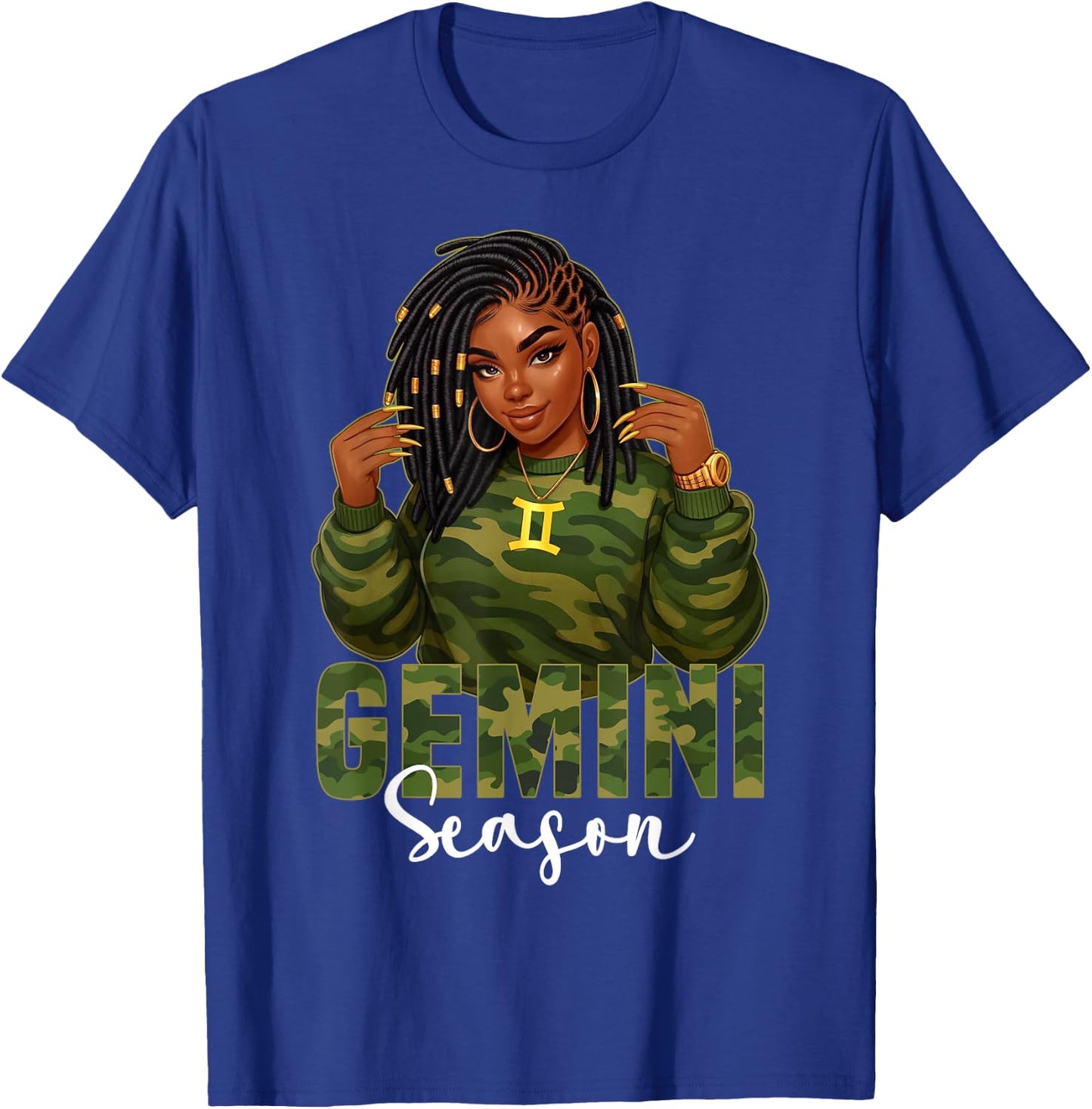 Gemini Season Loc'd Black Woman Camo Zodiac Sign T-Shirt - T-Shirt | Royal