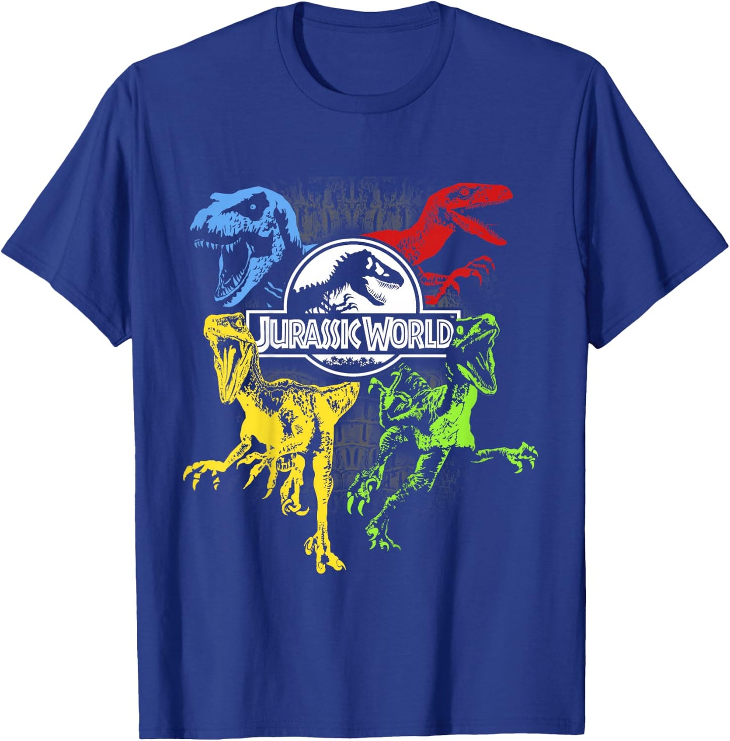 Kids Jurassic World Primary Color Raptors & T-Rex T-Shirt - T-Shirt | Royal