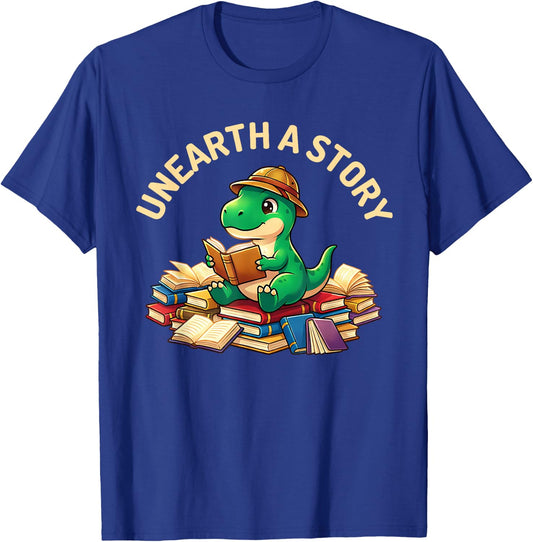 Unearth A Story Summer Reading 2026 Dinosaur Book Floral T-Shirt - T-Shirt | Royal