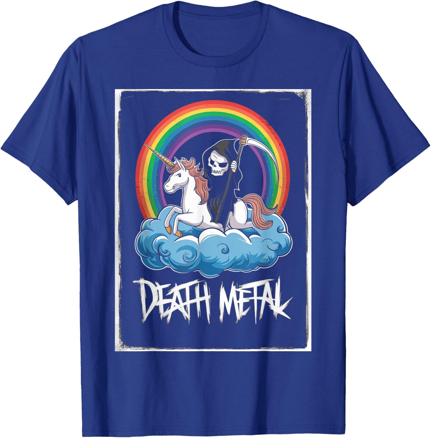 Grim Reaper Rides Unicorn Under Rainbow Death Metal Rocker T-Shirt - T-Shirt | Royal