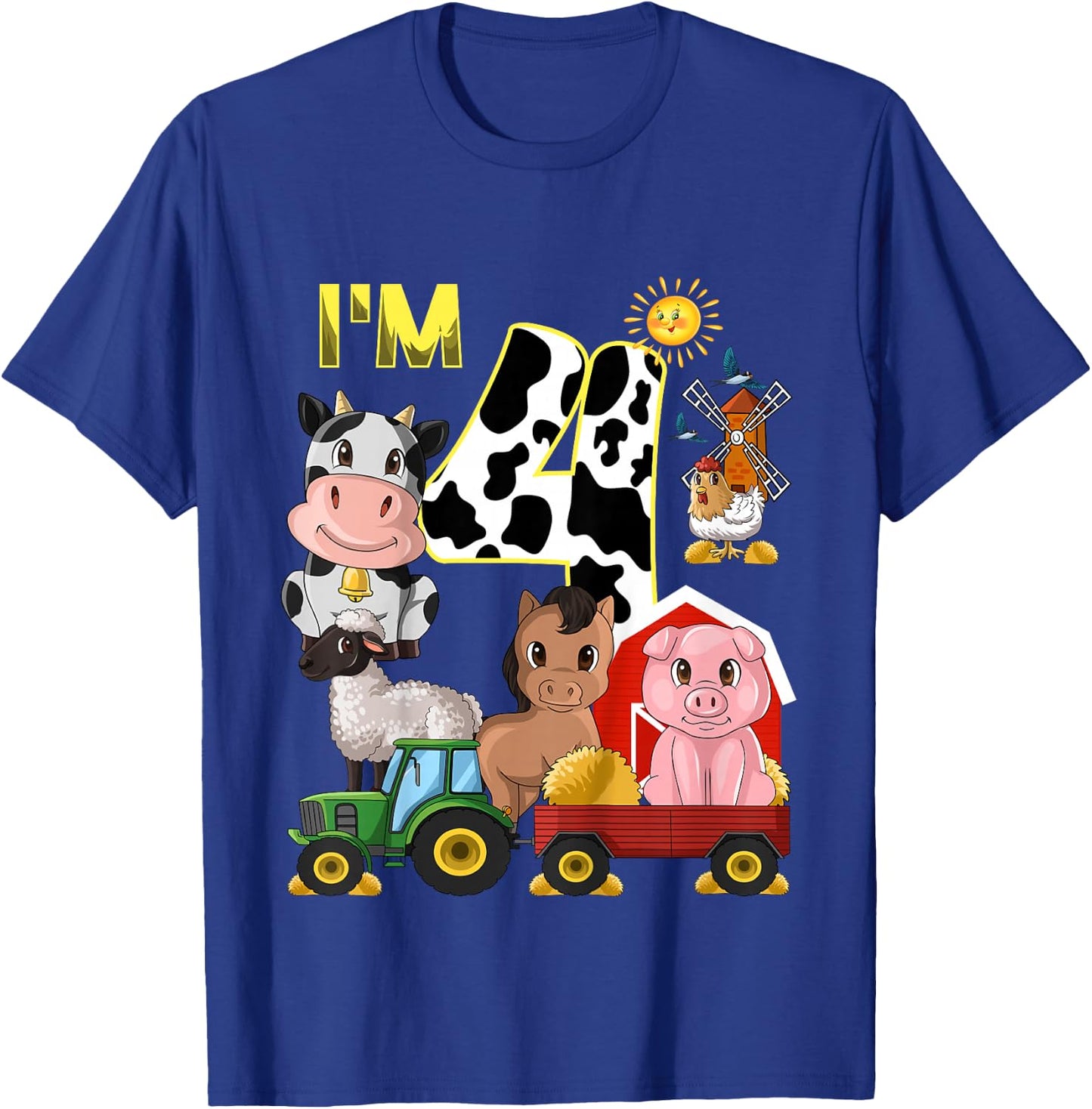 Kids Farm Animals Tractor 4th Birthday 4 Year Old Birthday Party T-Shirt - T-Shirt | Royal