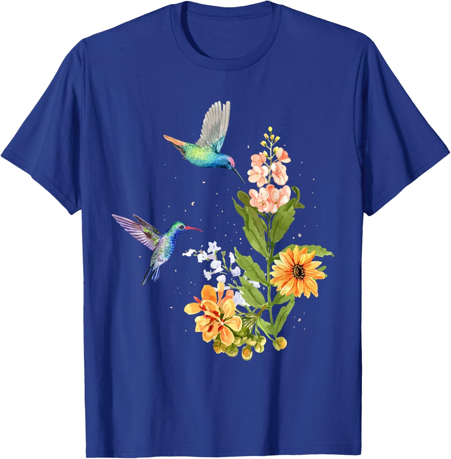 Hummingbird and Flower Watercolor Art Design Bird T-Shirt - T-Shirt | Royal