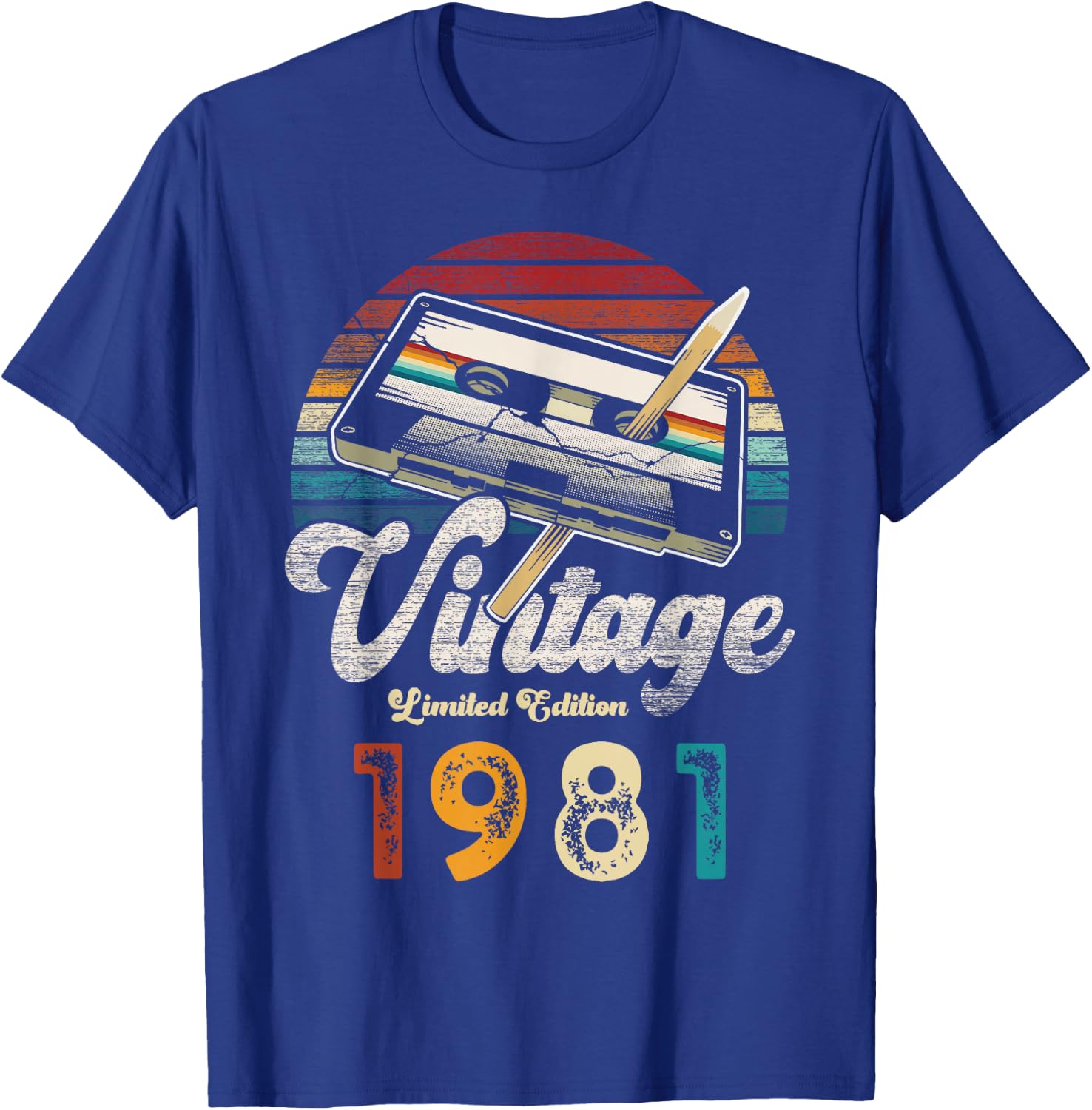 Vintage 1981 Birthday 44 Years Cassette Pencil , Black, S T-Shirt - T-Shirt | Royal