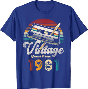 Vintage 1981 Birthday 44 Years Cassette Pencil , Black, S T-Shirt - T-Shirt | Royal