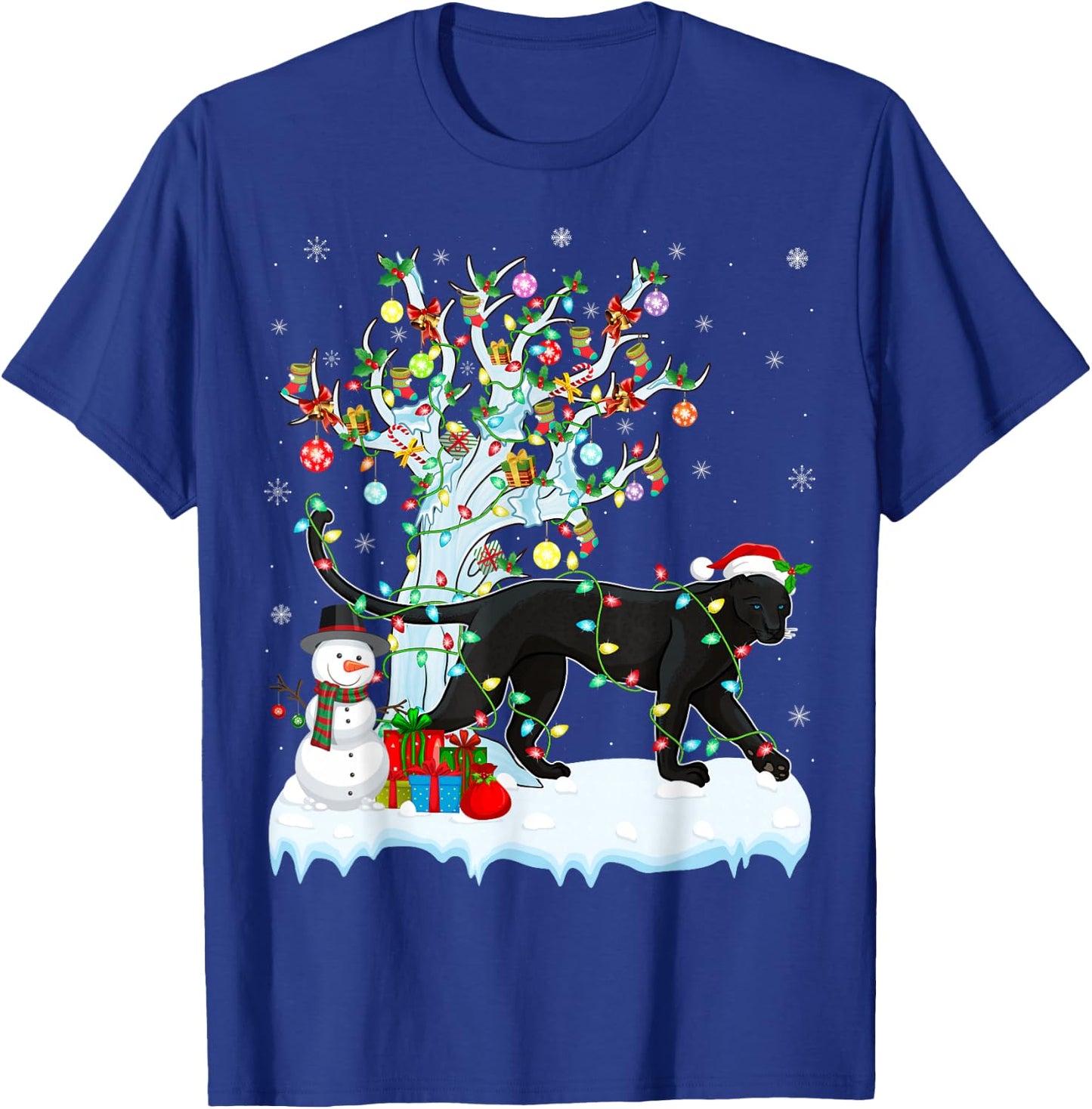 Panther Xmas Lighting Tree Santa Hat Panther Christmas T-Shirt - T-Shirt | Royal