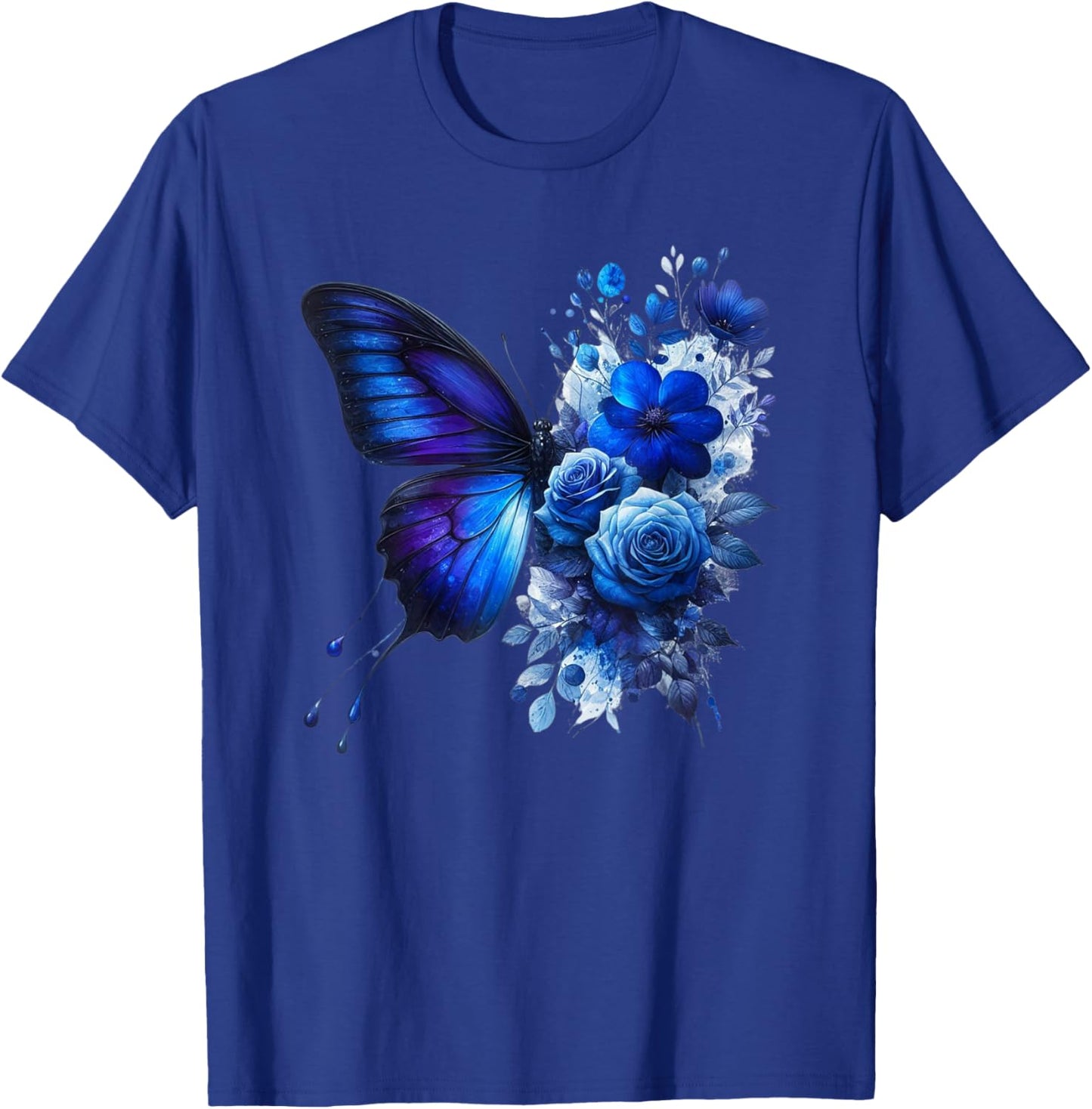 Butterfly Flowers Floral Vintage Butterflies Mom Blue Roses T-Shirt - T-Shirt | Royal