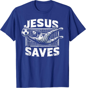 Vintage Jesus Saves Soccer Goalie T-Shirt - T-Shirt | Royal
