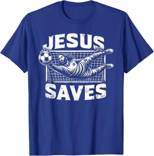 Vintage Jesus Saves Soccer Goalie T-Shirt - T-Shirt | Royal