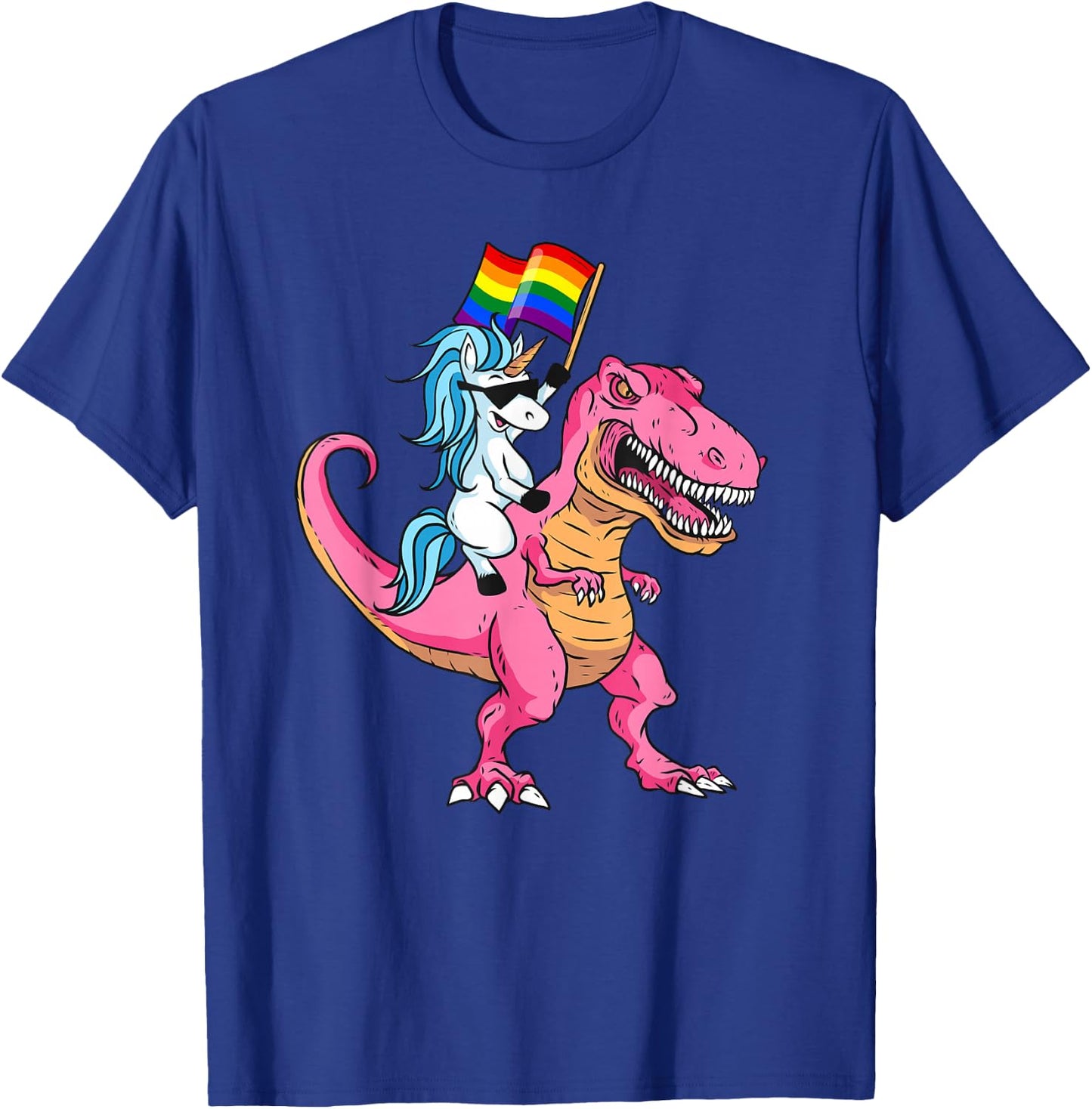 Unicorn Riding Dinosaur Pride Flag LGBTQ Lesbian Gay Pride T-Shirt - T-Shirt | Royal