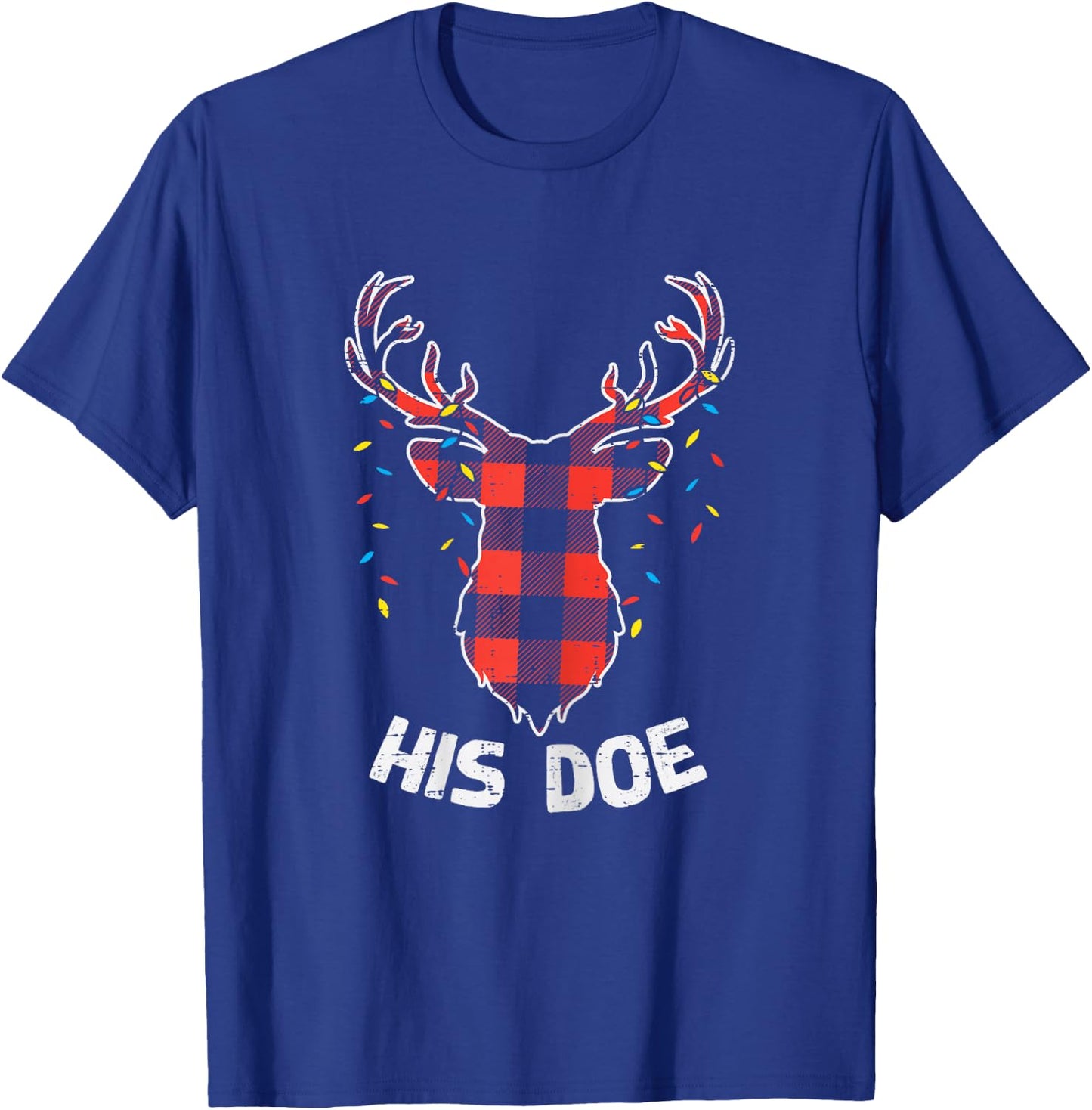 Plaid Reindeer His Doe Matching Christmas Couple Women PJ T-Shirt - T-Shirt | Royal