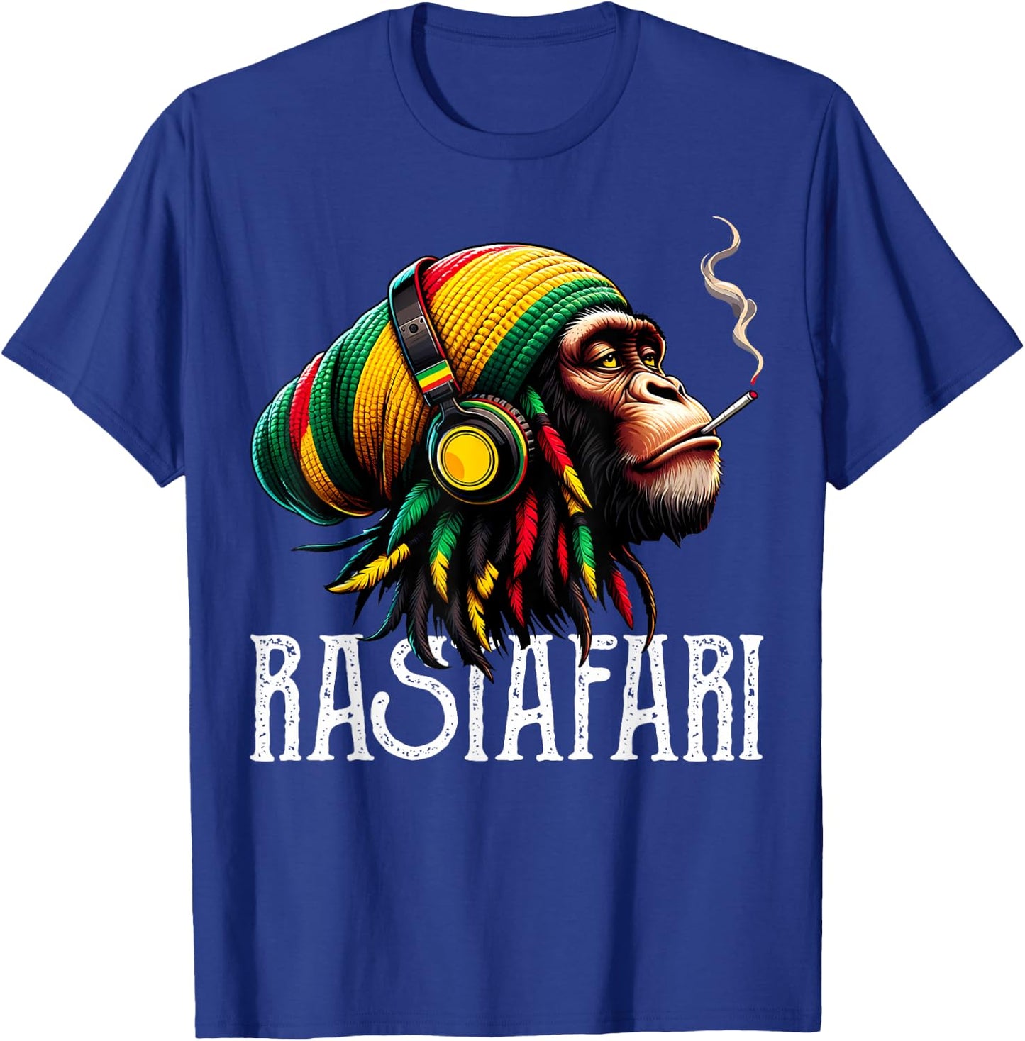 Jamaican Roots Reggae Chimpanzee Headphones Rastafari T-Shirt - T-Shirt | Royal