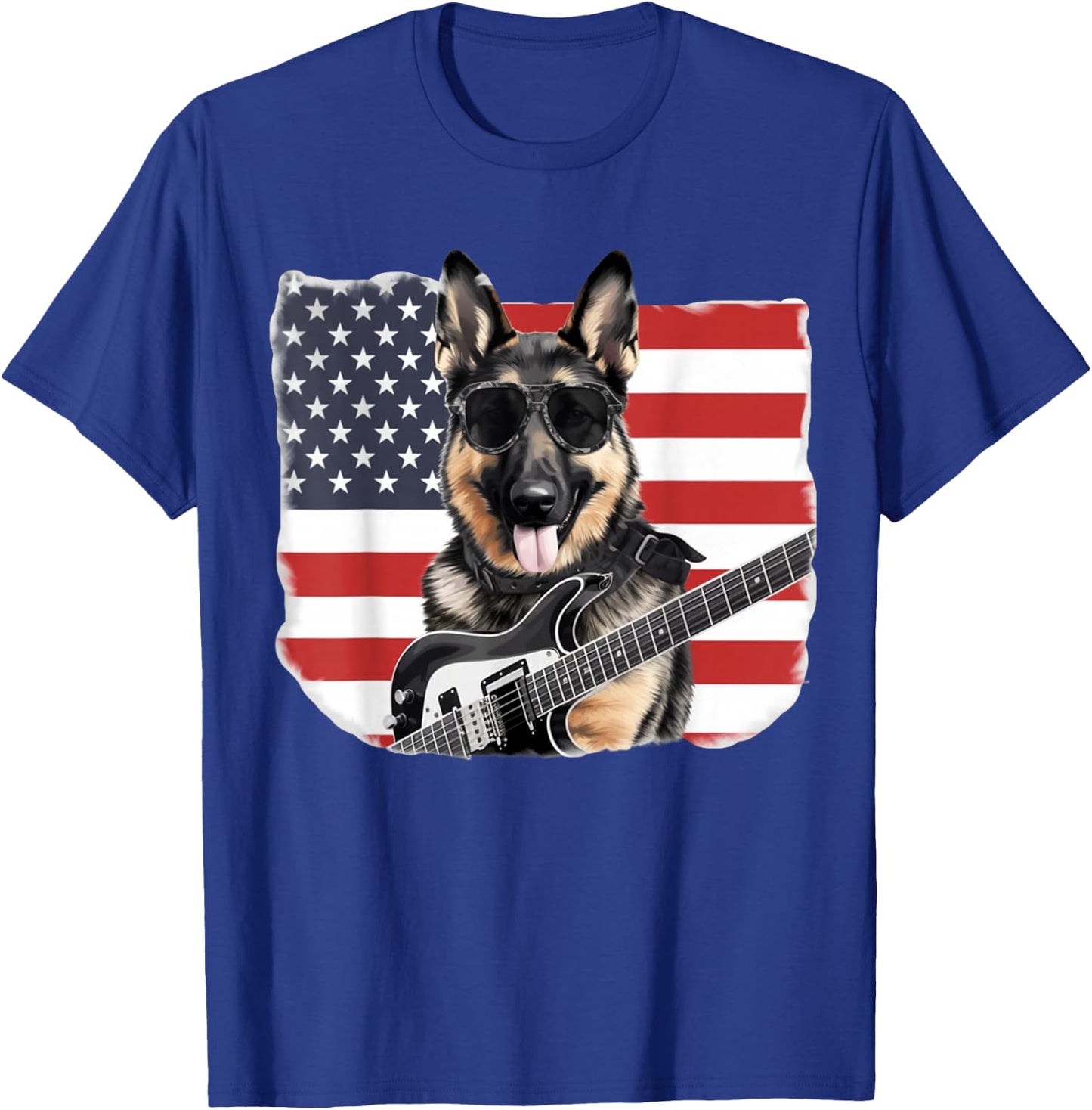 Sunglasses German Shepherd Guitar Rock & Roll American Flag T-Shirt - T-Shirt | Royal