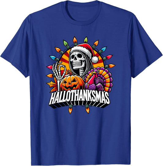 Happy HallowThanksMas Halloween Thanksgiving Christmas Fall T-Shirt - T-Shirt | Royal