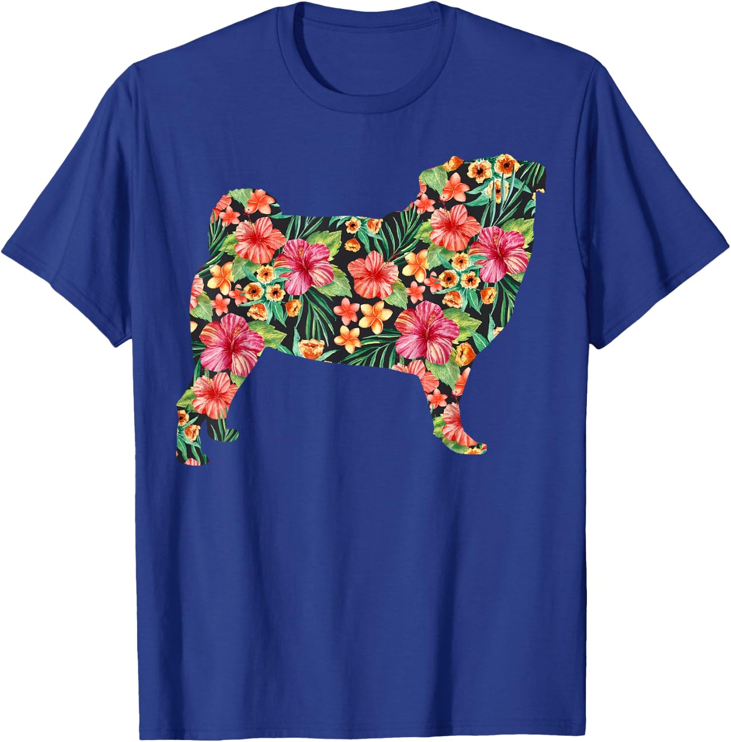 Pug Flower Funny Dog Silhouette Floral Gifts Women Men T-Shirt - T-Shirt | Royal