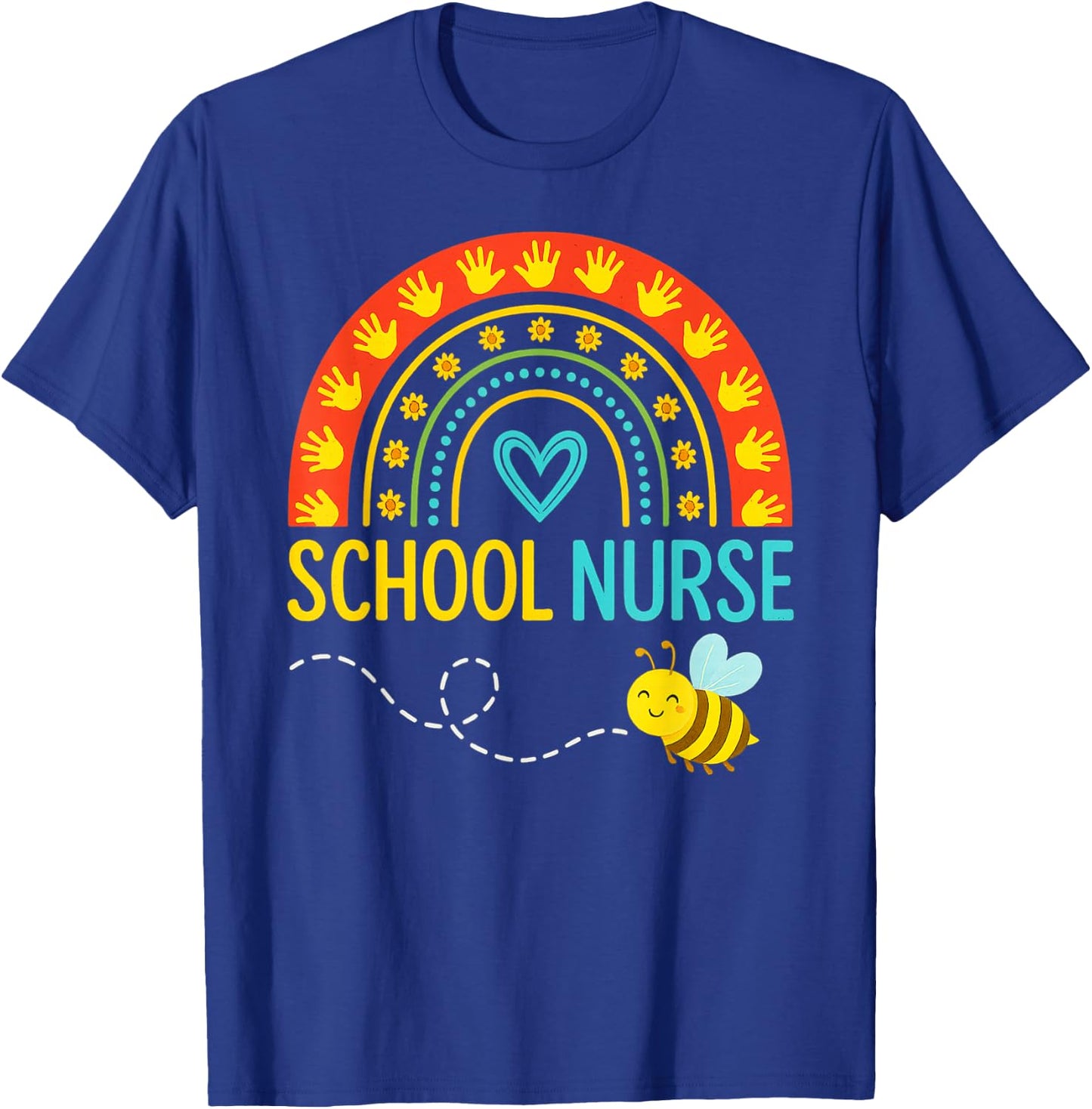 School Nurse Bee Rainbow Handprint Art T-Shirt - T-Shirt | Royal