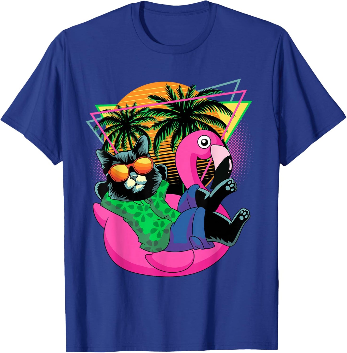 Retro 80s 90s Flamingo Cat Gifts Men Kids Women Funny Cat T-Shirt - T-Shirt | Royal