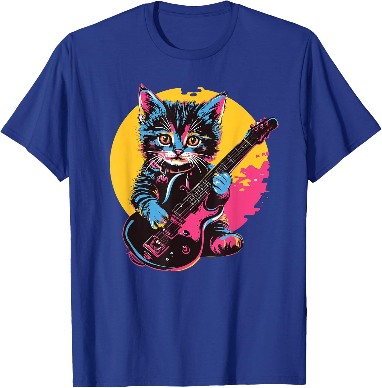 Cute Kitten Playing Guitar Rock Style , Black, S T-Shirt - T-Shirt | Royal