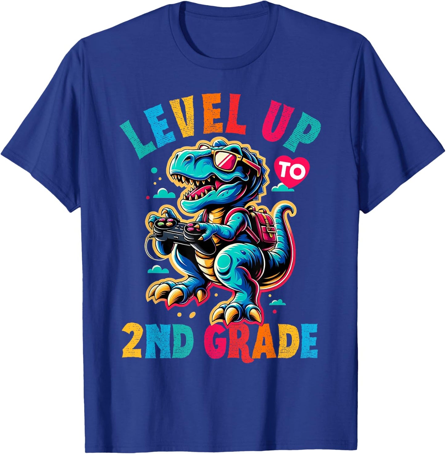 Dinosaur boys back to School 2nd grade Level up video games T-Shirt - T-Shirt | Royal