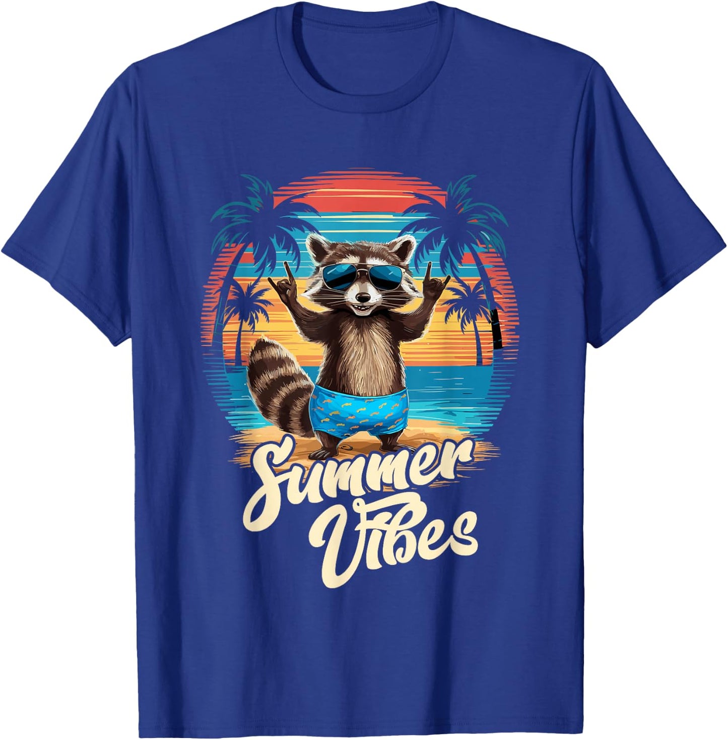 Beach Caribbean Party Hawaii Holiday Surfer Raccoon Summer , black T-Shirt - T-Shirt | Royal