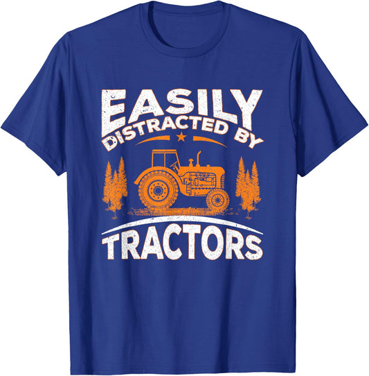 Funny Farming Quote Gift Easily Distracted By Tractors T-Shirt - T-Shirt | Royal