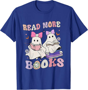 Halloween Ghost Reading Read More Books Librarian Teacher T-Shirt - T-Shirt | Royal