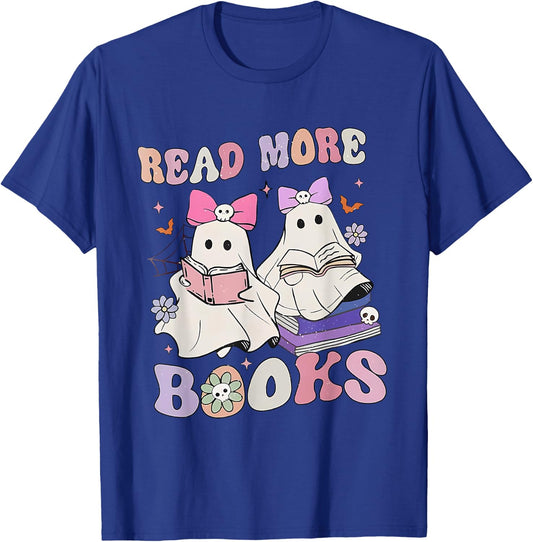 Halloween Ghost Reading Read More Books Librarian Teacher T-Shirt - T-Shirt | Royal