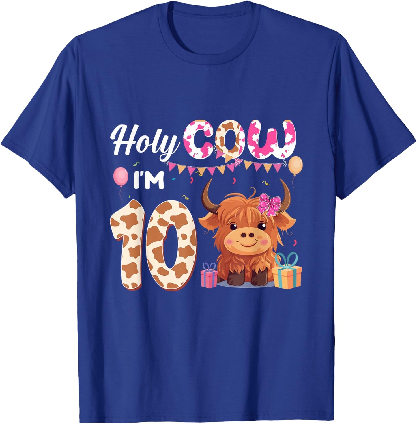 Holy Cow I'm 10 Year Old Birthday Highland Cow 10th Bday Kid T-Shirt - T-Shirt | Royal