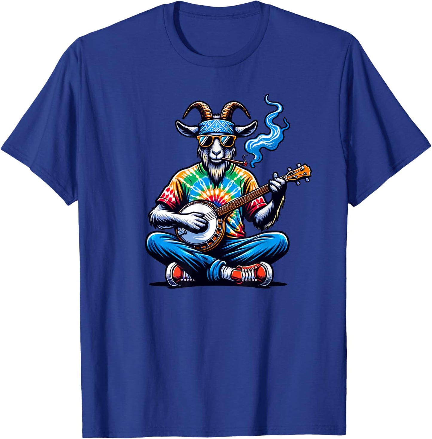 Goat Playing Bluegrass Music on a Banjo Wearing Tie Dye T-Shirt - T-Shirt | Royal