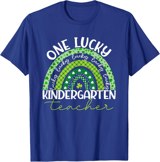 Kindergarten Teacher Rainbow Patricks Day One Lucky Teacher T-Shirt - T-Shirt | Royal