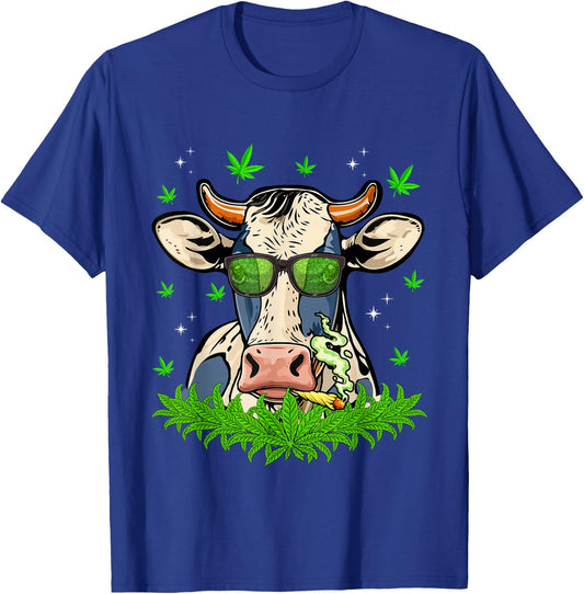 Funny Cow Smoking Weed Sunflower Animals Farming Dad Papa T-Shirt - T-Shirt | Royal