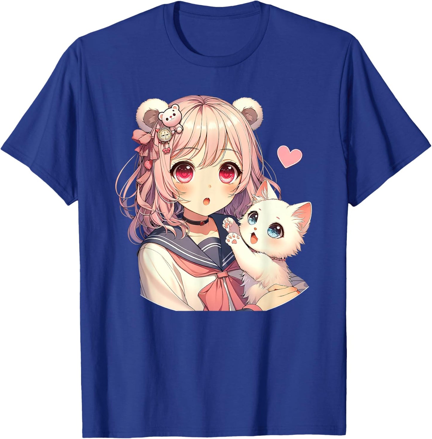 Anime Kawaii, girl with cute cat, adorable pink design, Otaku , Black, S T-Shirt - T-Shirt | Royal