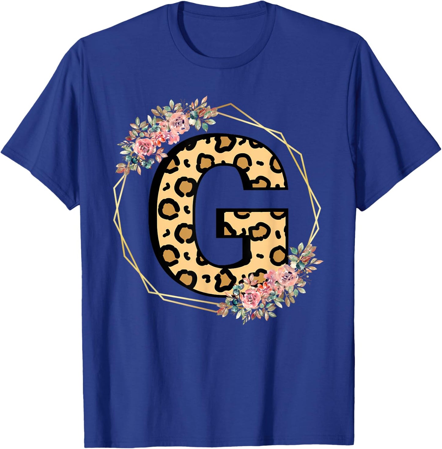 Leopard Letter G Initial Flower Monogram Women Girls T-Shirt - T-Shirt | Royal