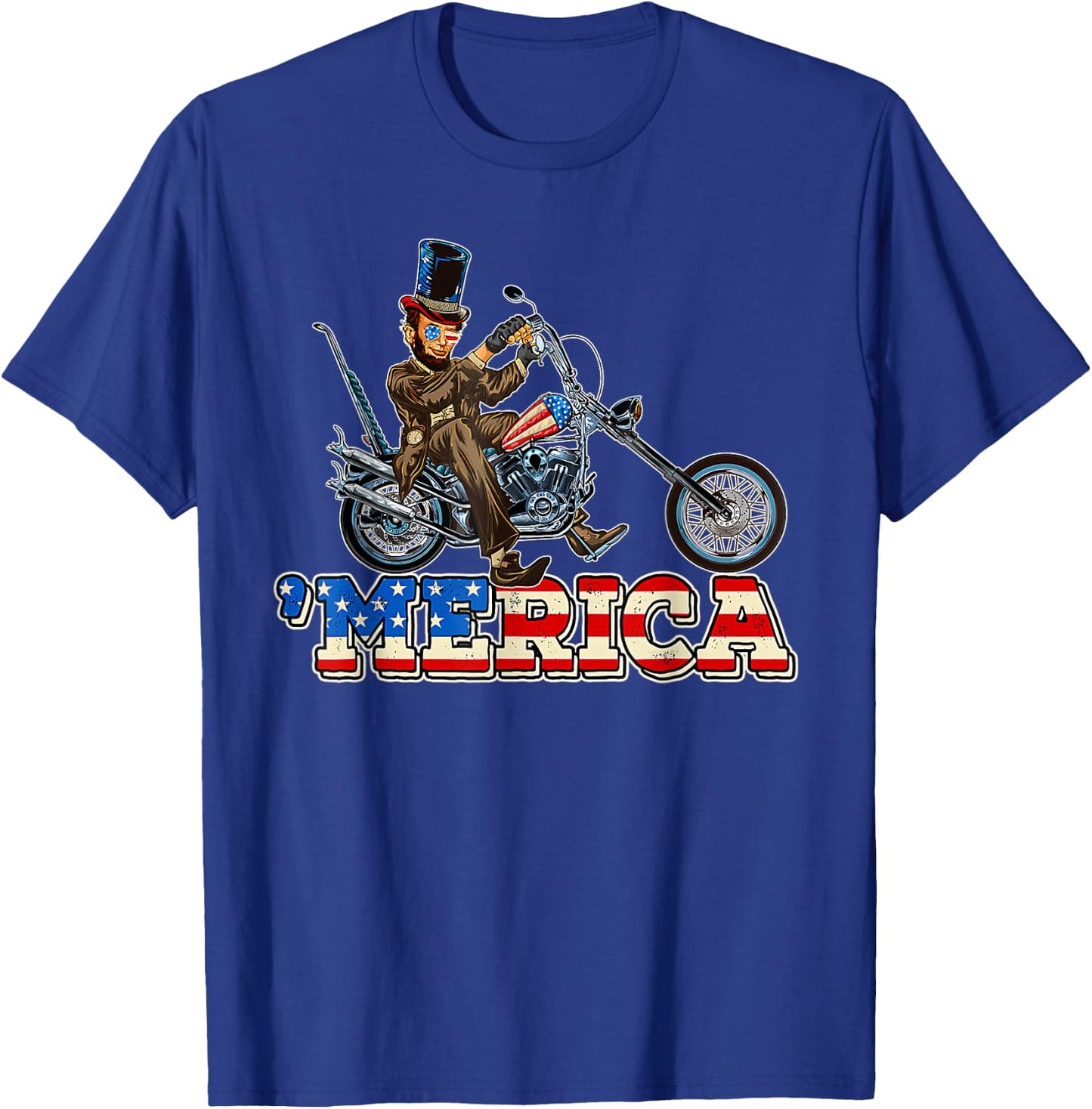 4th of July Themed Abe Lincoln riding a Chopper motorcycle Kids Men T-Shirt - T-Shirt | Royal