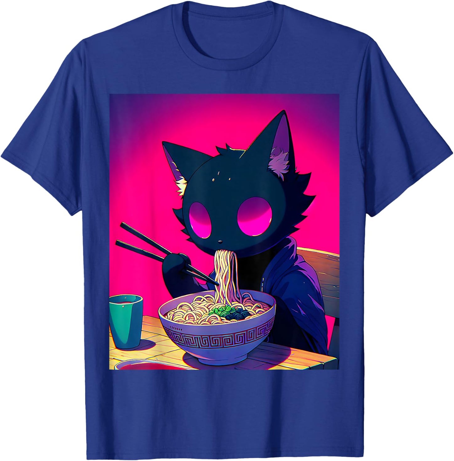 Void Black Cat Eating Ramen Anime Cat Gifts Men Women Kids T-Shirt - T-Shirt | Royal