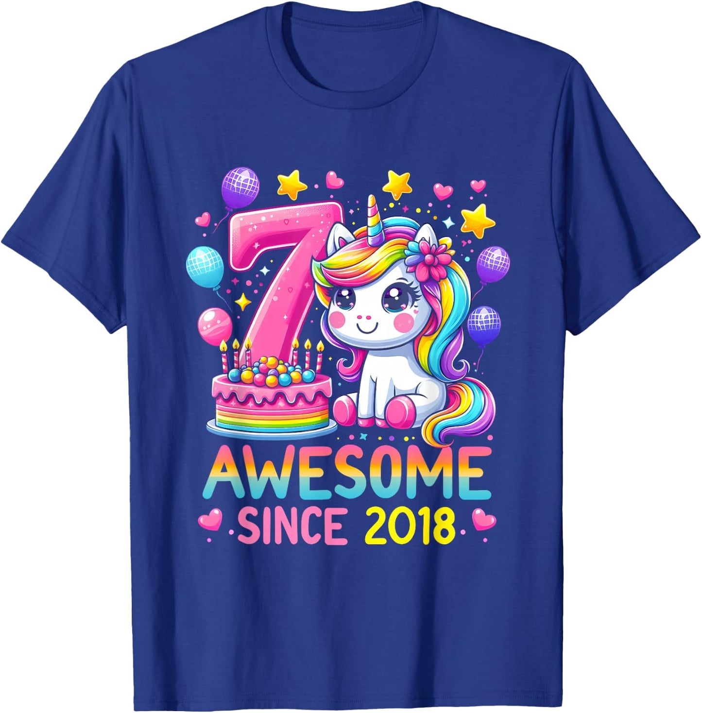 Unicorn 7th Birthday 7 Year Old Party Awesome Since 2018 T-Shirt - T-Shirt | Royal