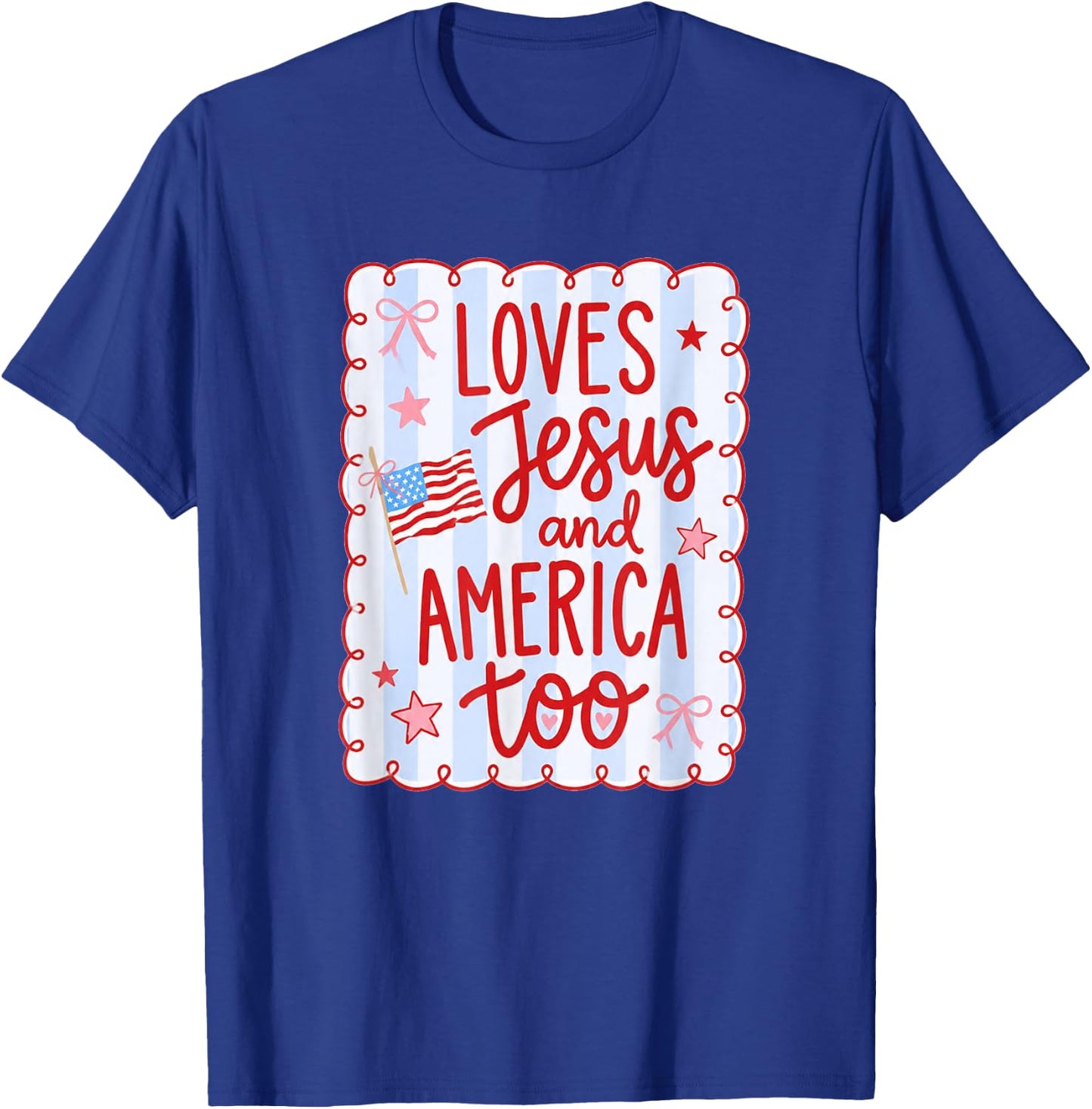 She Loves Jesus and America Too Flag Bow 4th of July Stripe T-Shirt - T-Shirt | Royal