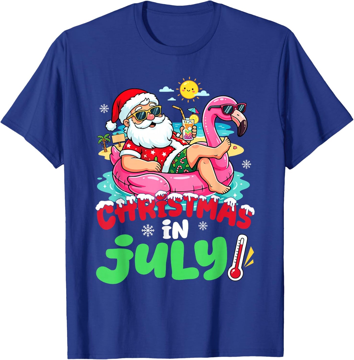 Santa Flamingo Floatie Summer Christmas in July Men Women T-Shirt - T-Shirt | Royal