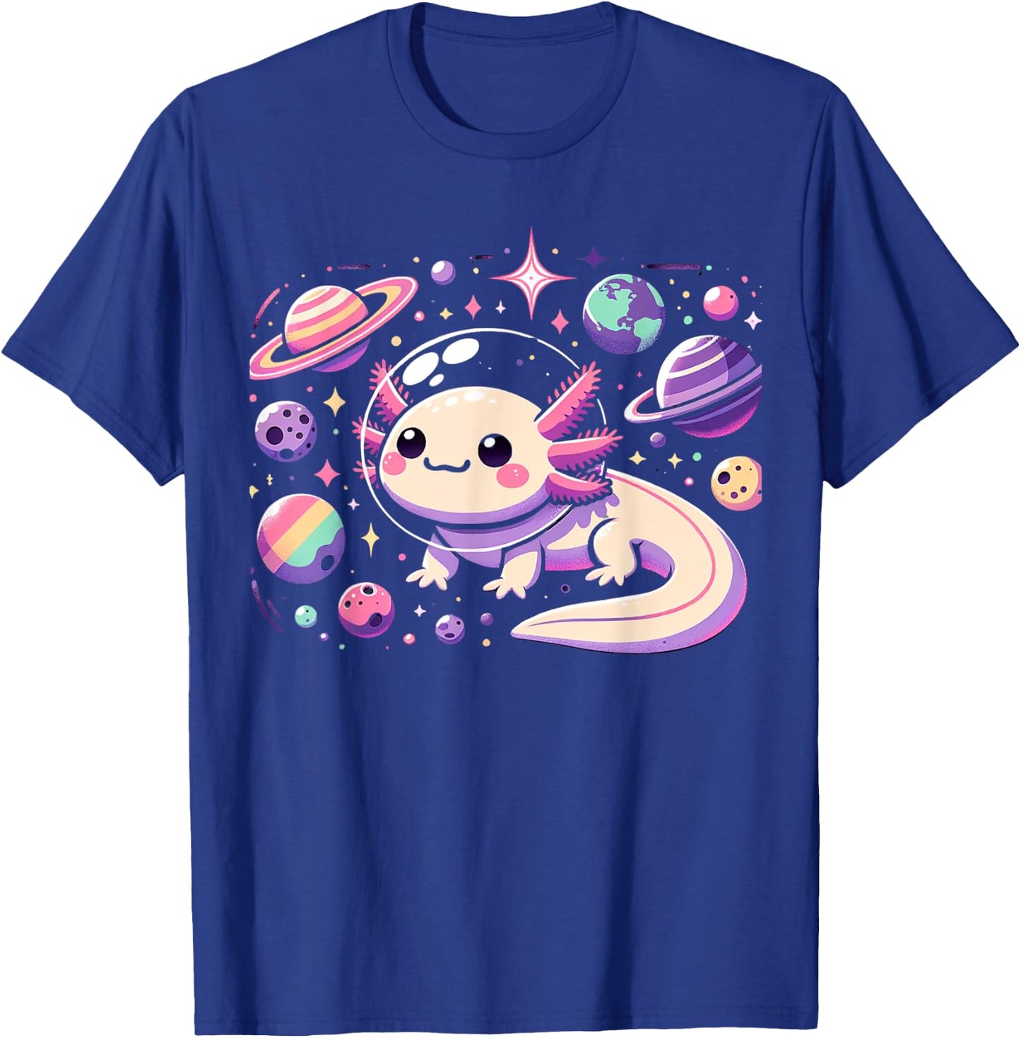 Kawaii Axolotl in Space with Planets Stars Anime Aesthetic T-Shirt - T-Shirt | Royal