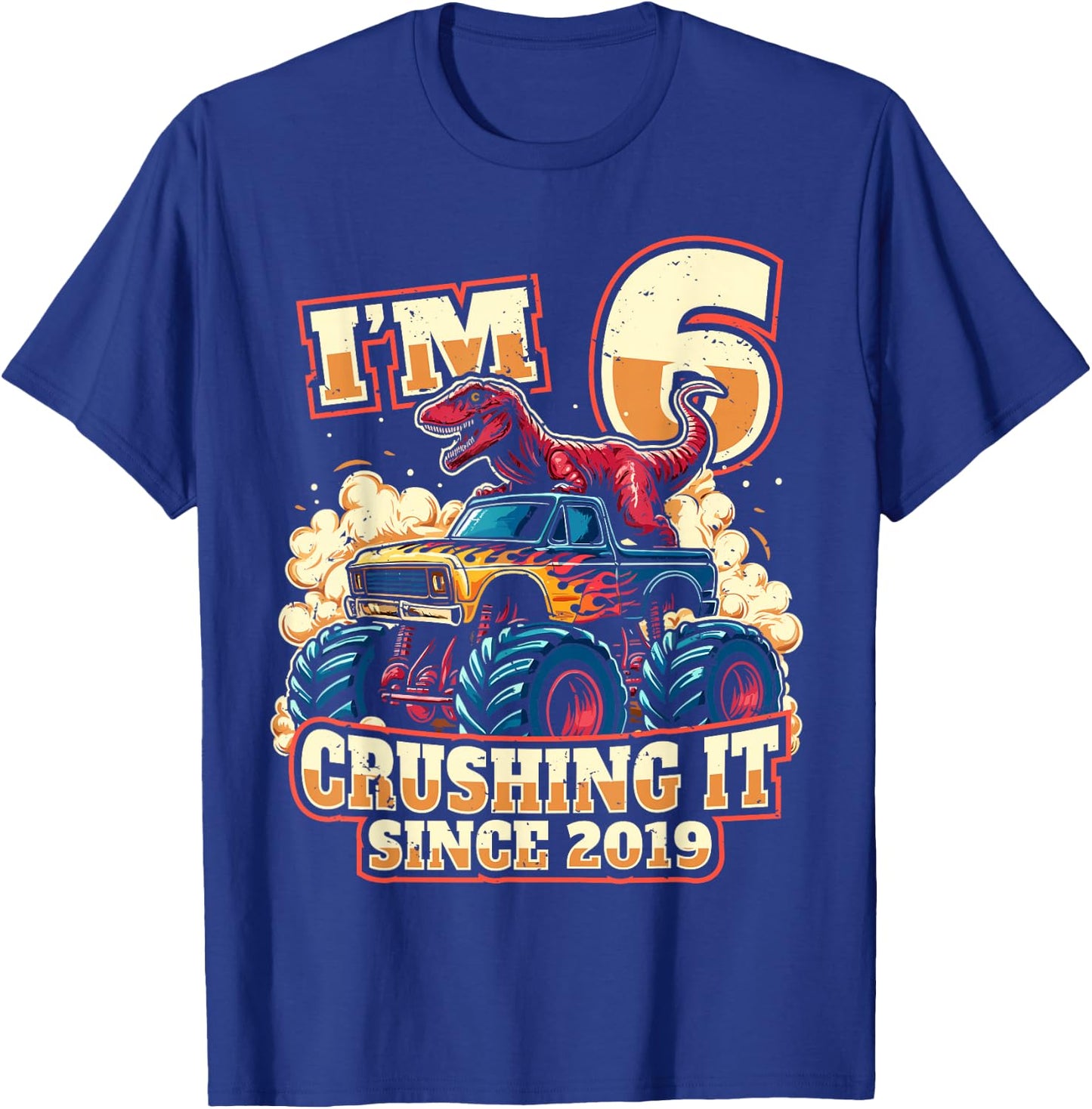 6 Year Old Boys 6th Birthday Dinosaur Monster Truck Party T-Shirt - T-Shirt | Royal