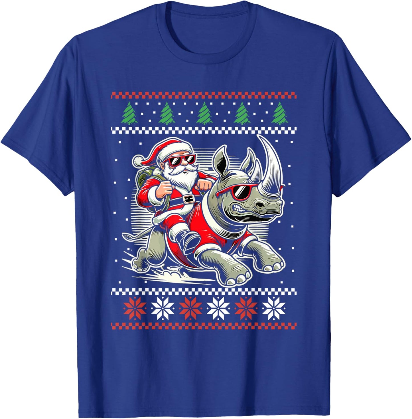Santa Riding Rhinoceros Ugly Christmas Sweater Rhino Xmas T-Shirt - T-Shirt | Royal