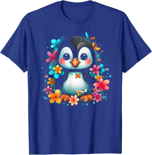 Cute Bird Face Floral Colorful Flower Butterfly - Penguin T-Shirt - T-Shirt | Royal
