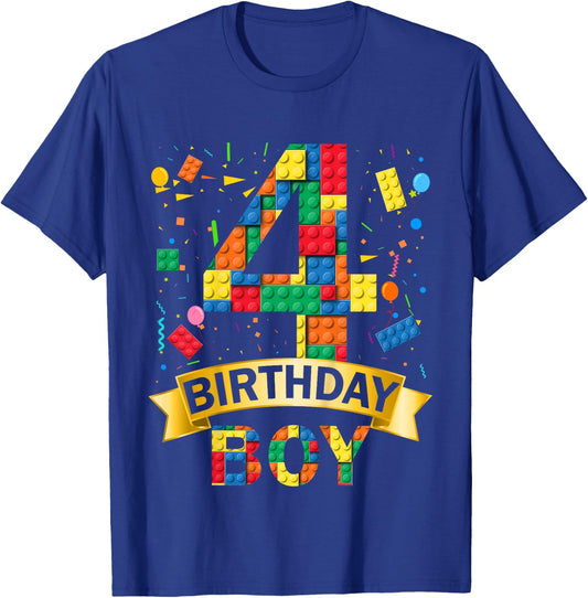 Kinder 4rd Birthday Boy 4 Year Old Building Blocks 4th Birthday Boy T-Shirt - T-Shirt | Royal