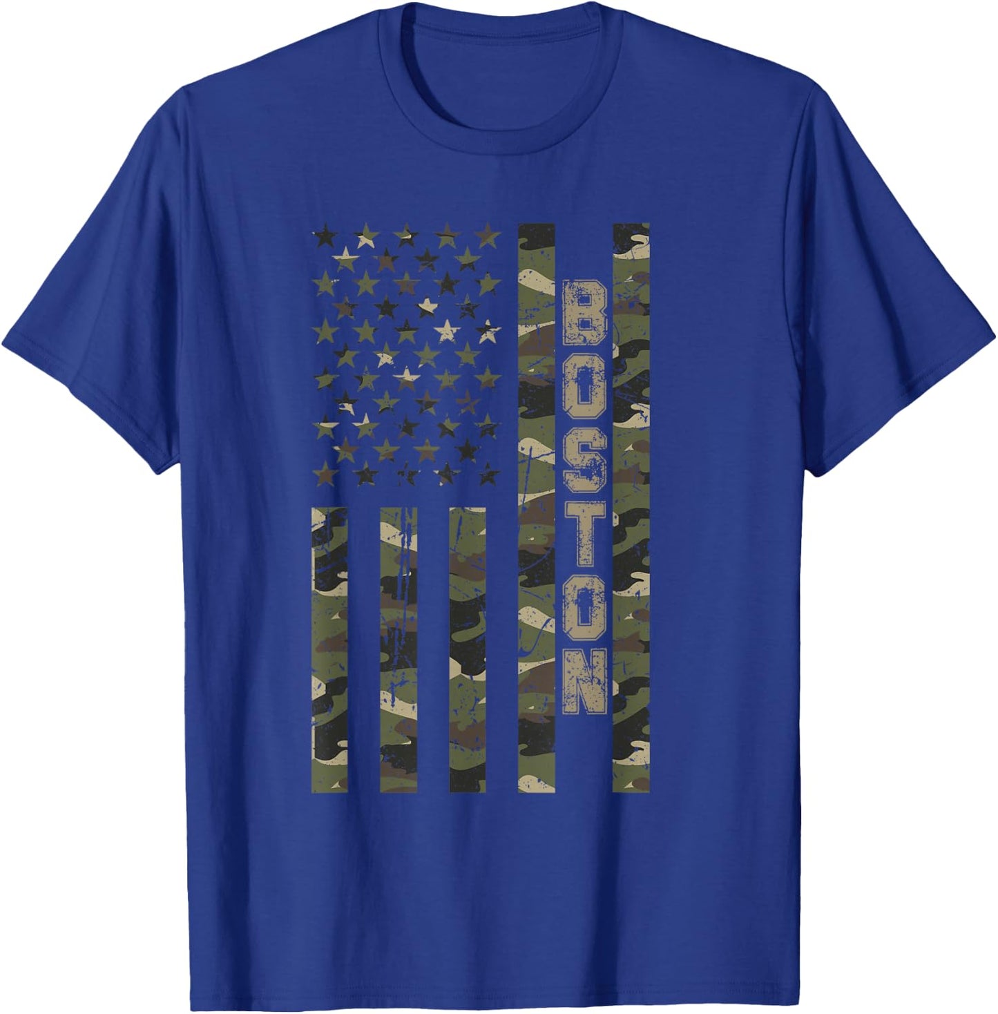 Boston United States Distressed Camo w US Flag T-Shirt - T-Shirt | Royal